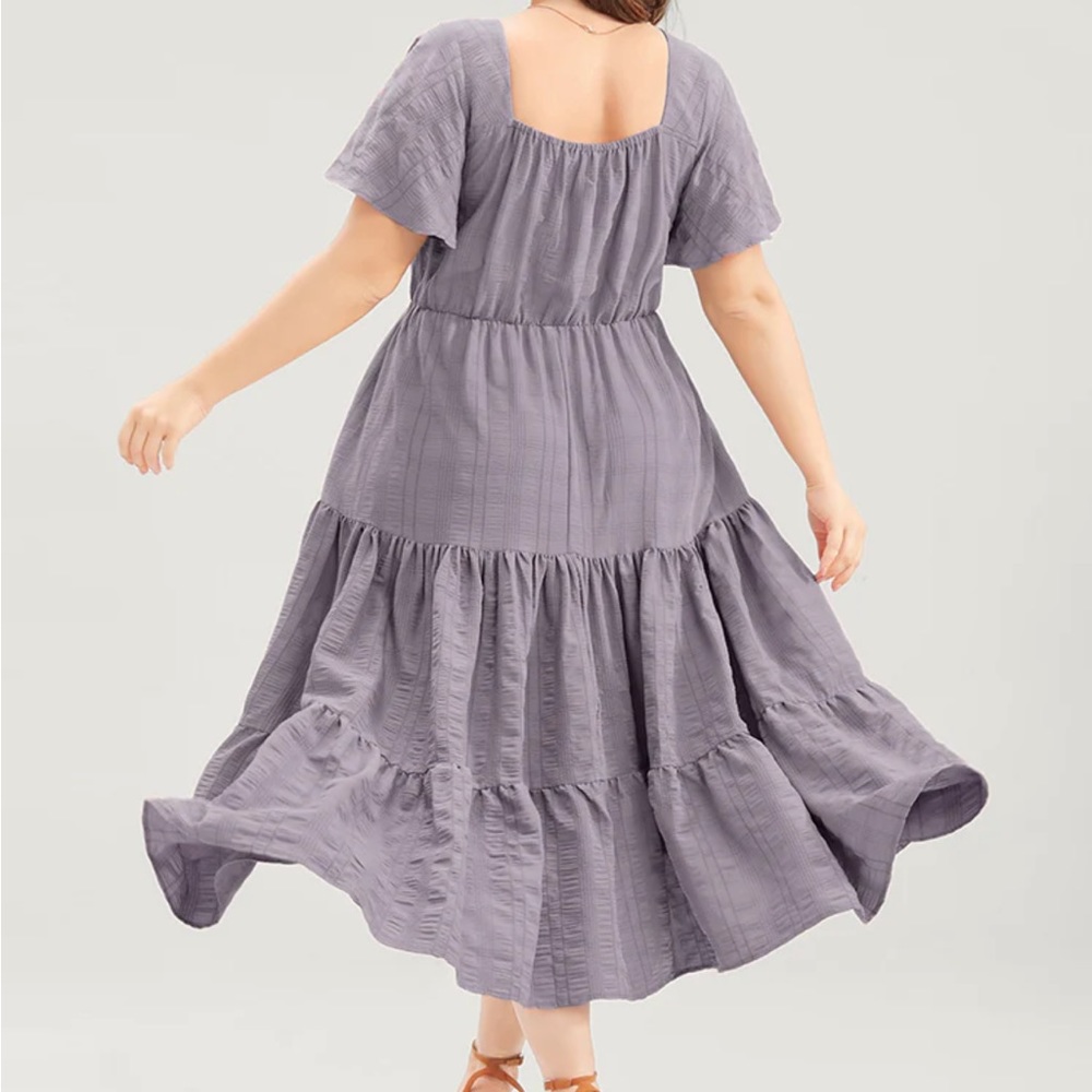 Plain Ruched Drawstring Pocket Ruffle Tiered Dress - Picture 2 of 7